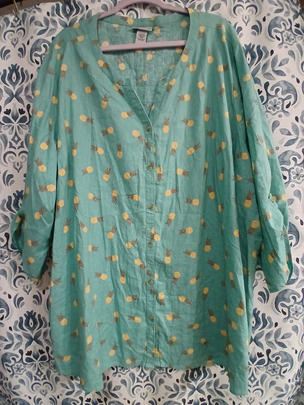 Catherines Mint Green Button-Front Pineapple Shirt